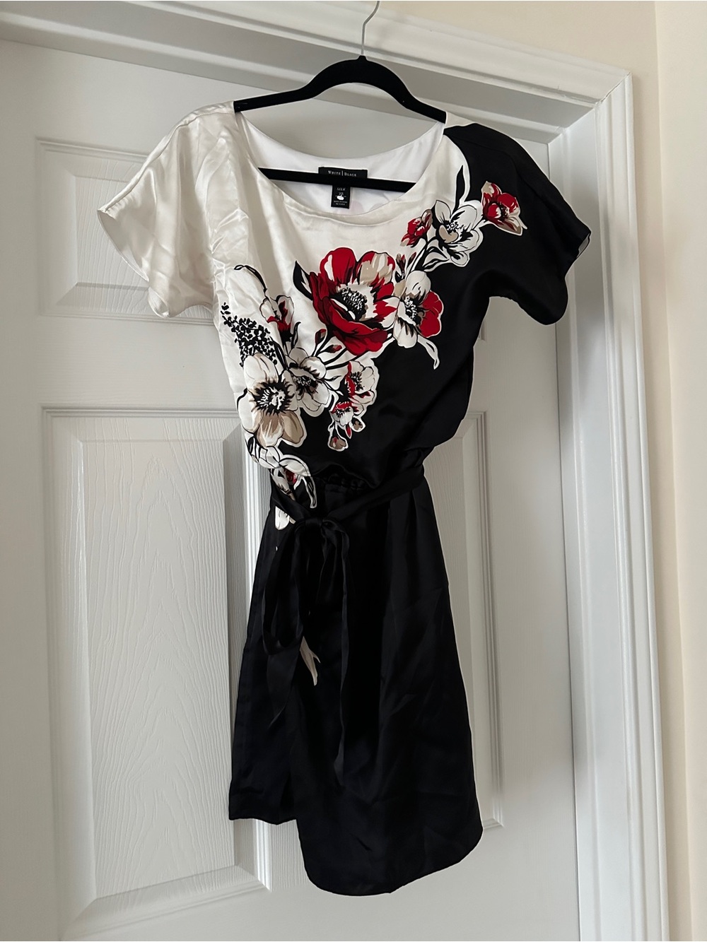 Floral Wrap Waist Black and White Dress with Red Accents